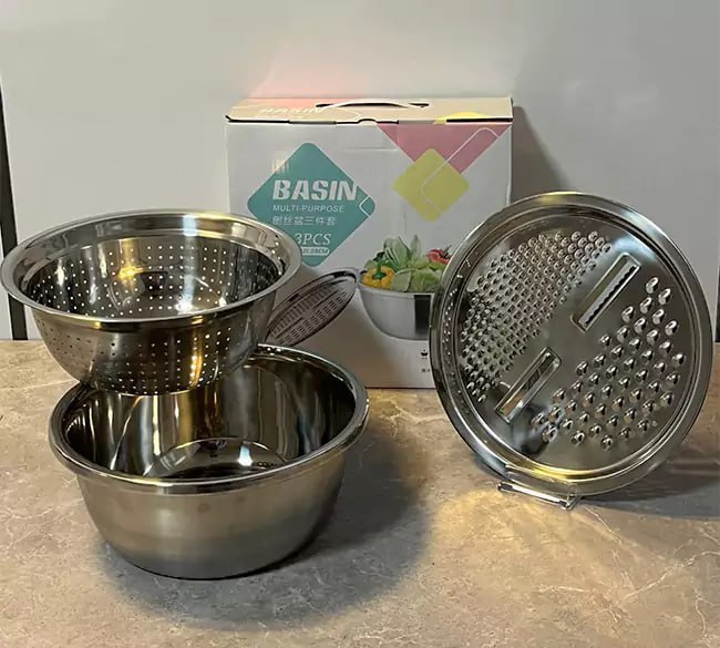 ست لگن و آبکش رنده دار 3 پارچه BASIN سایز26